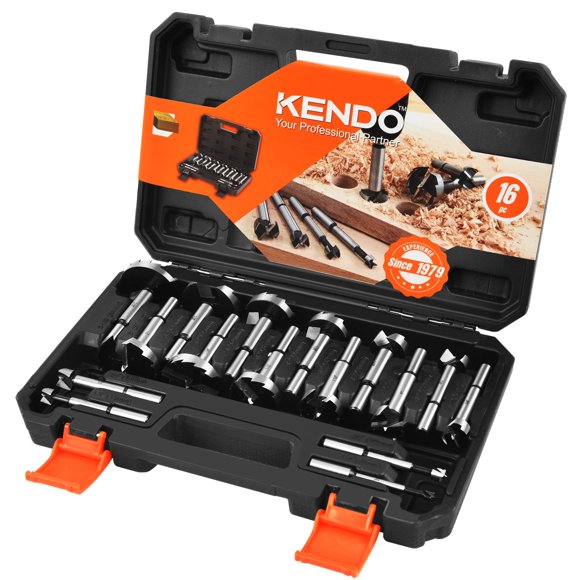 KENDO 16 Piece Forstner Bit Set, Made of Alloy Steel, Forstner Bits for Woodworking, Auger Opener Round Shank Drilling Cutting Tool for Hardwood, Softwood, Pla