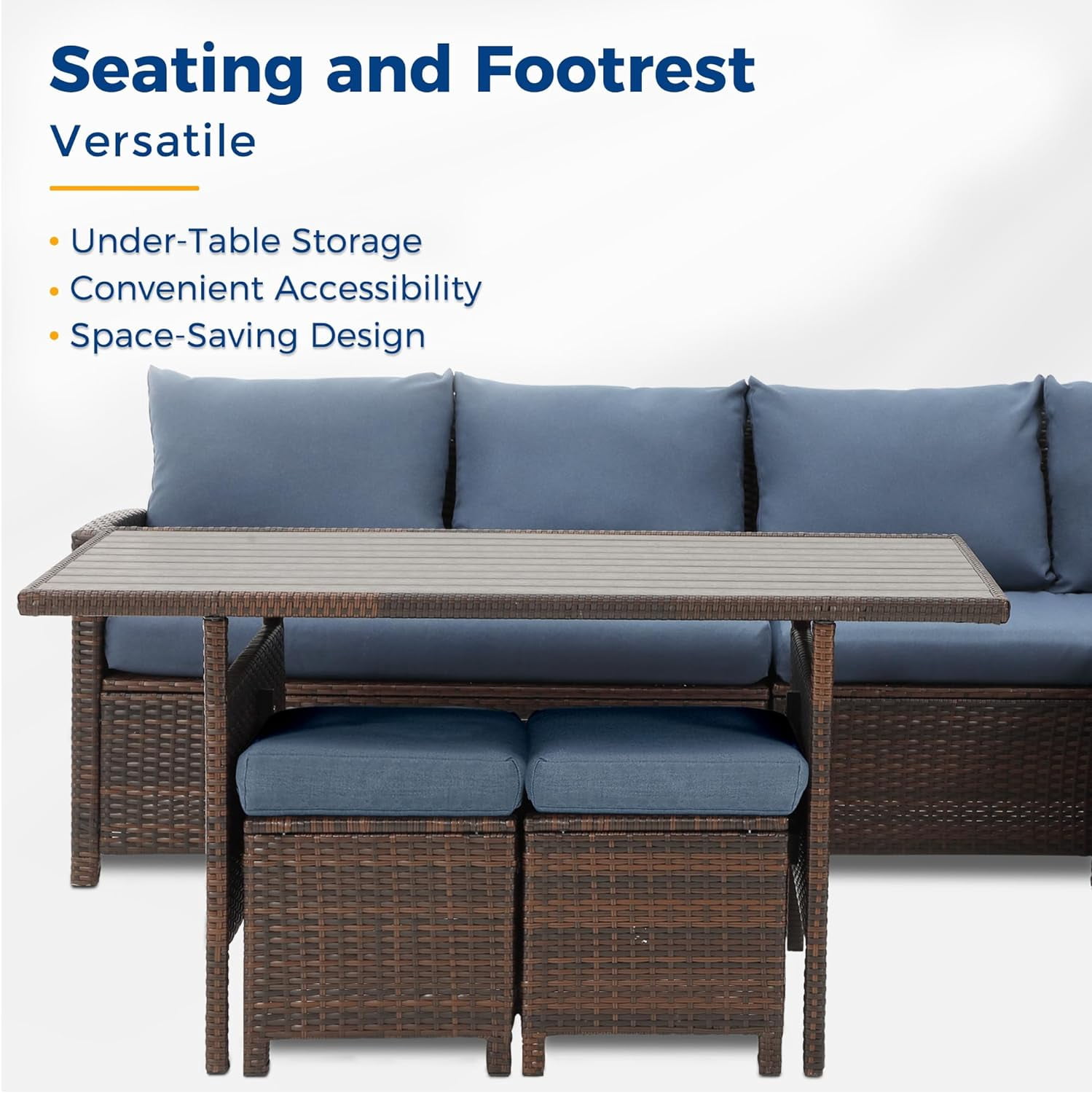 Superjoe Patio Furniture Conversation Set, 7 Piece High Curved Back All Weather Wicker Outdoor Dining Sectional Sofa with Dining Table and Chair, Blue