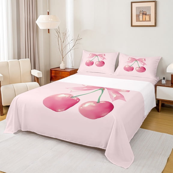 Feelyou Pink Cute Cherry Twin Sheet Sets, Dreamy Cartoon Bowknot Bow Twin Fitted Sheet, Teens Kids Boys Girls Flat Sheet, Lightweight Room Decor, 3pcs