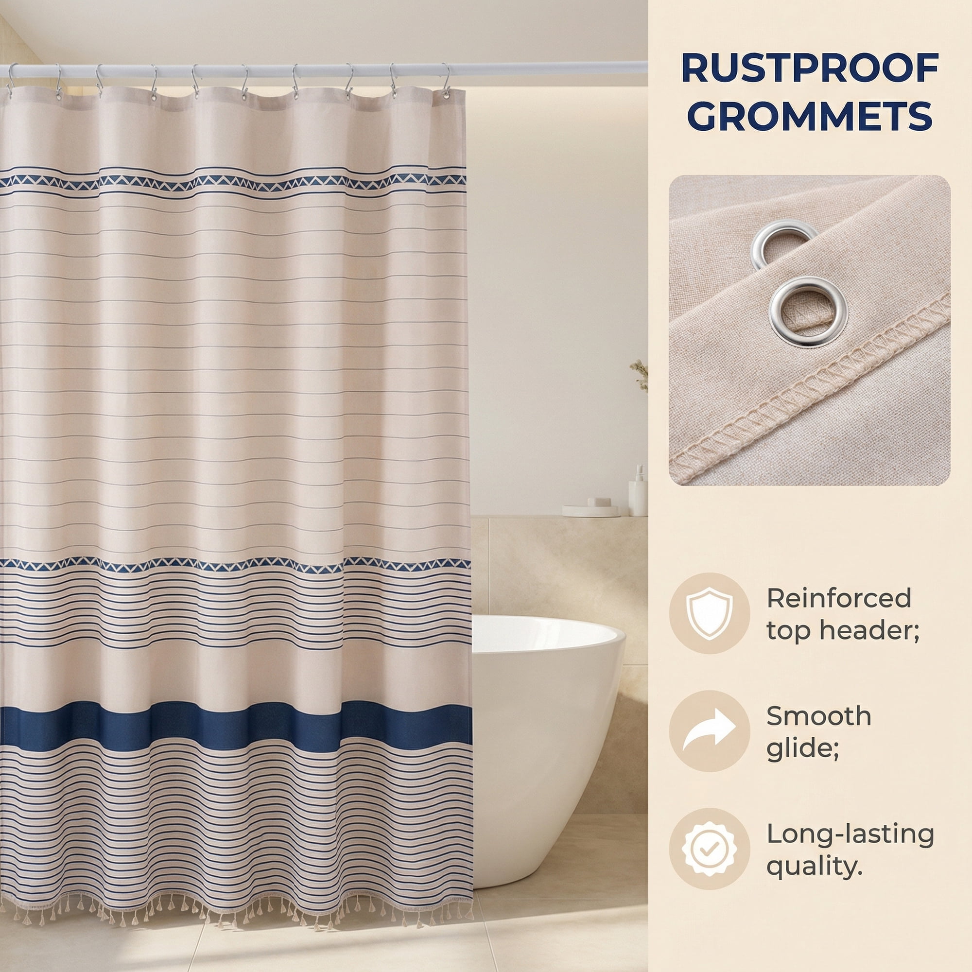 Unique Bargains Boho Striped Shower Curtain Set with Tassels and 12 Hooks Blue 71"W x 71"L