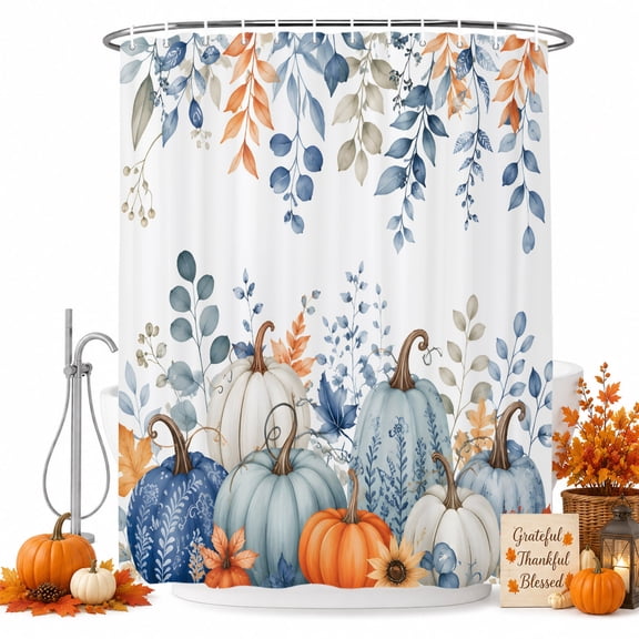 Thanksgiving Fall Shower Curtain, Rustic Orange Blue White Pumpkin Foliage Leave Waterproof Washable Fabric Bathroom Shower Curtain with 12 Hooks, 72" x 84"