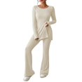 thumbnail image 4 of Women's Two Piece Knit Matching Outfits Crew Neck Slit Hem Tee And Pants Tracksuit Sets Fist Suit plus Size Pant Suit Woman All Outfits Prom Pants Suit for Women Dressy Pant Suits for A Wedding Snow, 4 of 4