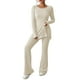thumbnail image 1 of Chándal de punto de dos piezas para mujer: camiseta de cuello redondo y pantalones anchos, poliéster y spandex, bajo con abertura, conjunto informal a juego, 1 of 4