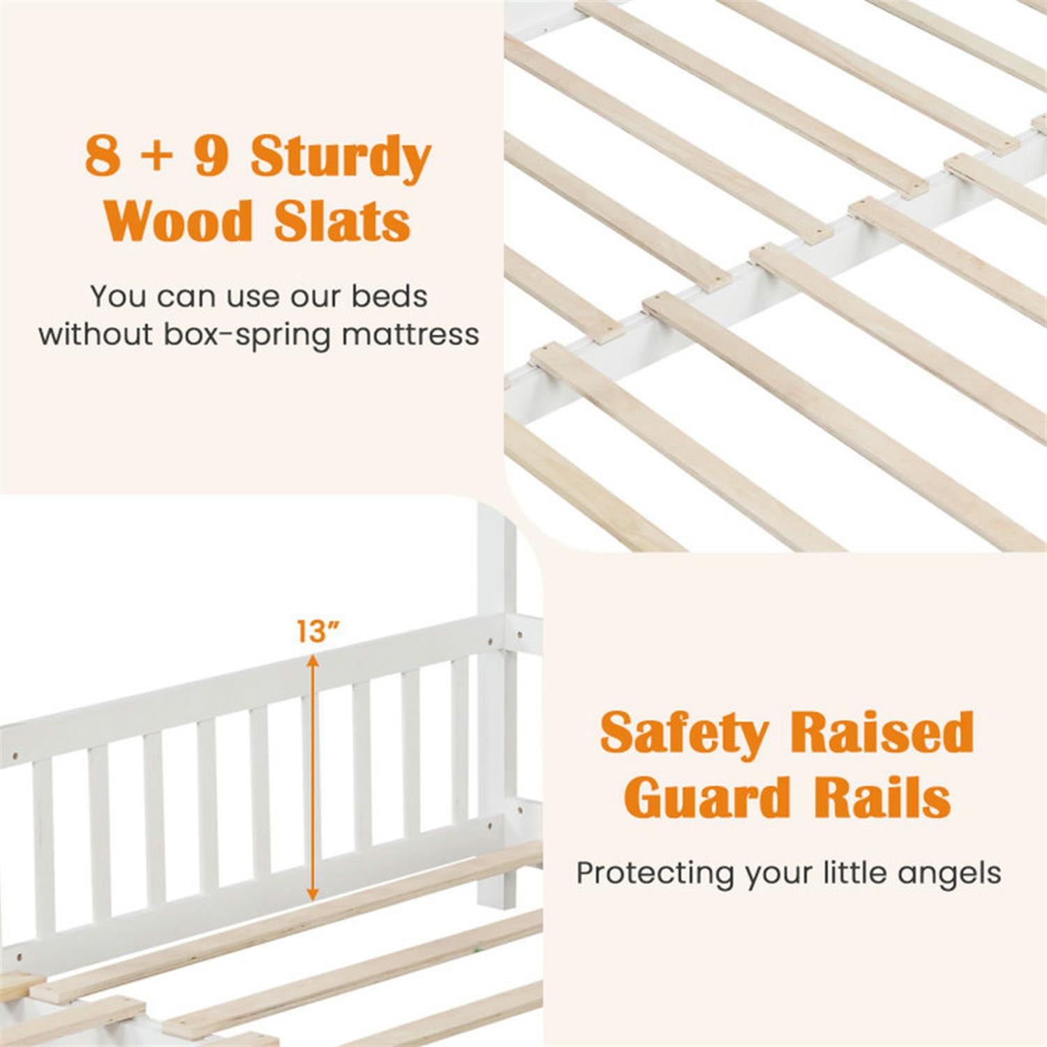 Demi Bonn Extendable House Bed Twin to King Daybed with Roof and Fence Rails, Modern Platform Bed Frames for Teens, White