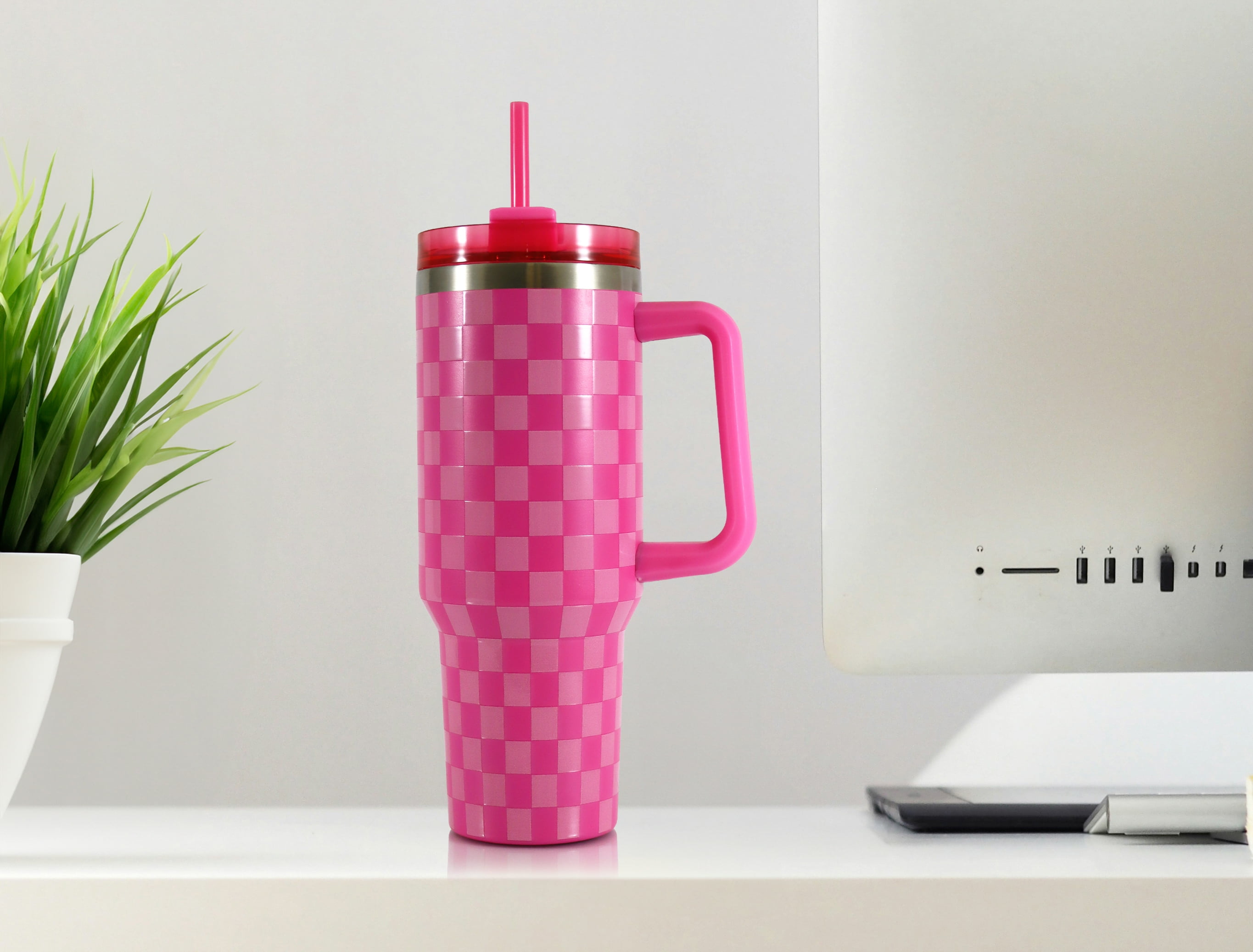 Mainstays 40 oz Stainless Steel Tumbler with Straw and Handle, Double Wall Insulated, Pink Check