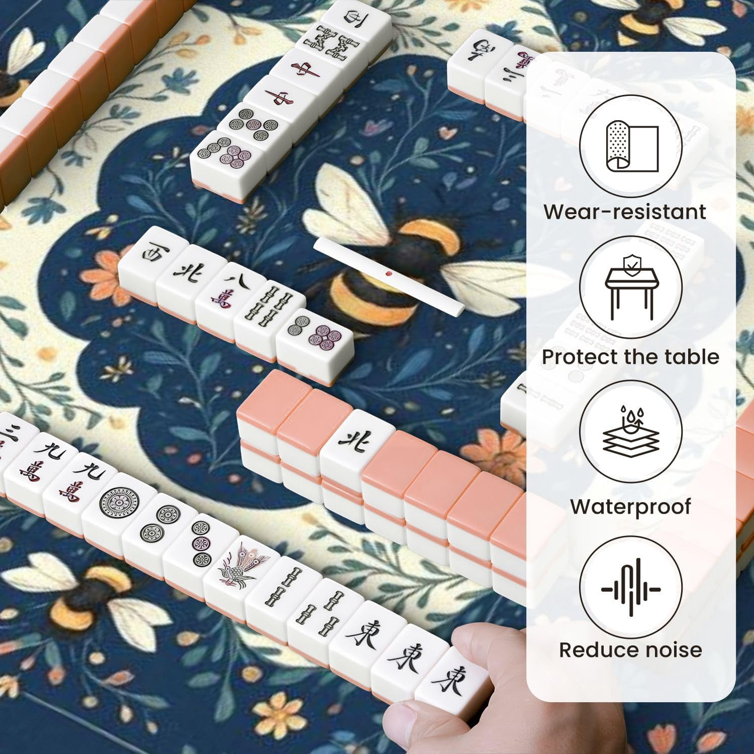 Mahjong Mat for Table Floral Bee Vintage Botanical Style Navy Blue Orange 31.5" x 31.5" Non-Slip Noise-Reducing Game Mat Premium Mahjong Accessories for Poker Dominoes Board Games
