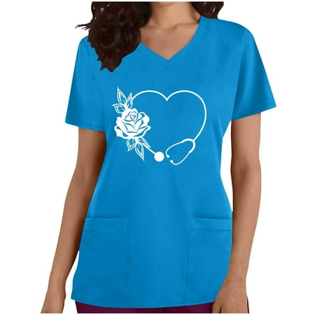 

Womens Scrubs Tops Heartbeat Graphic Printed Short Sleeve V-Neck Nurse Uniforms Soft Stretch Revolution Holiday Scrubs with Pockets