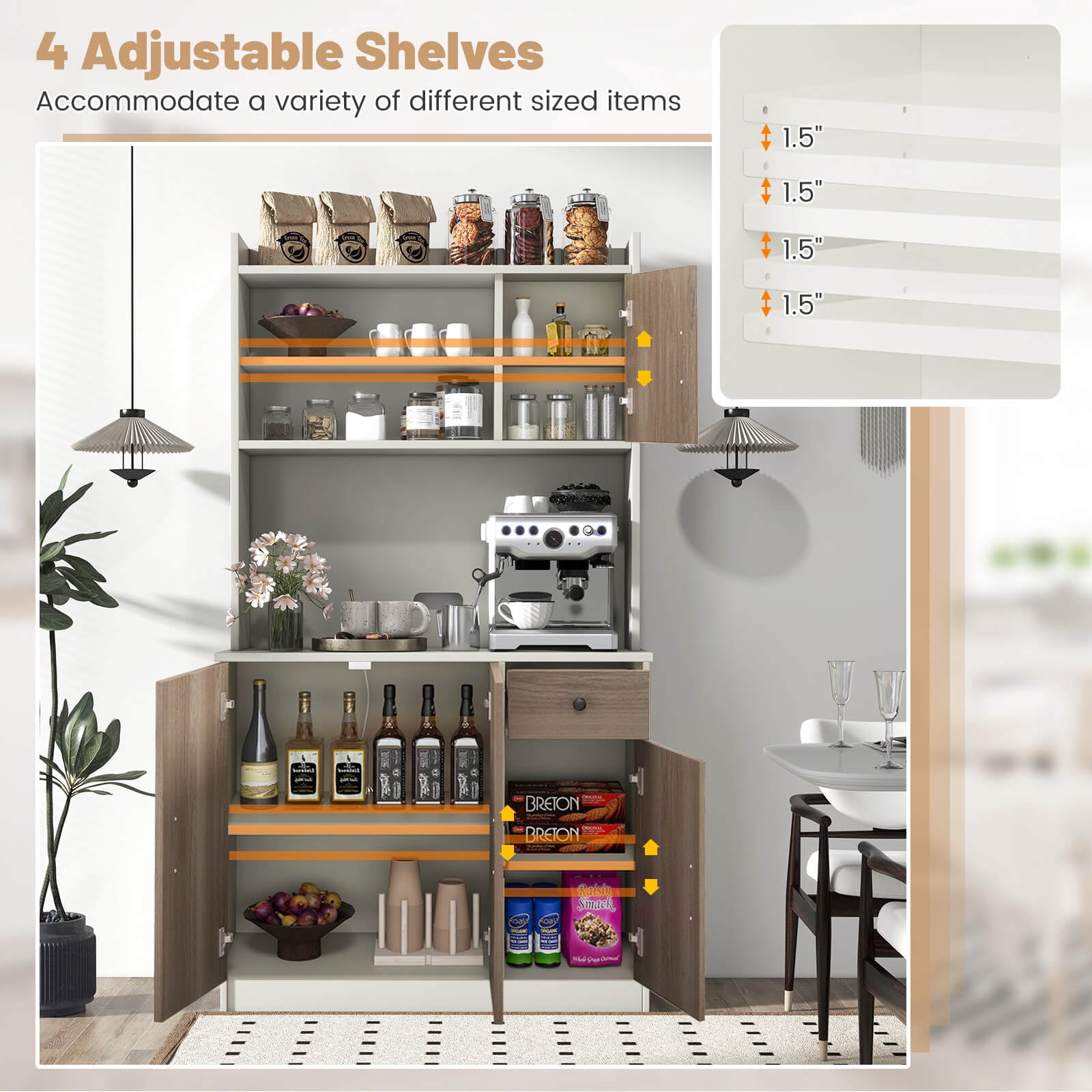 Costway 4-Door 71'' Kitchen Buffet Pantry Storage Cabinet w/Hutch Adjustable Shelf White
