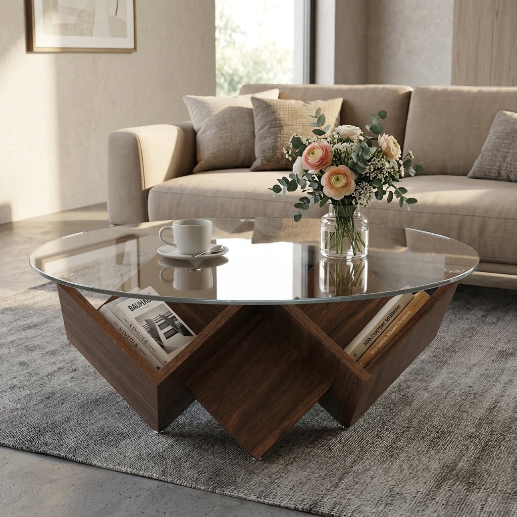 35.4-Inch Round Coffee Table with Tempered Glass Top and Geometric Art Deco Base, Storage Shelf Table and Center Table for Living Room, Walnut