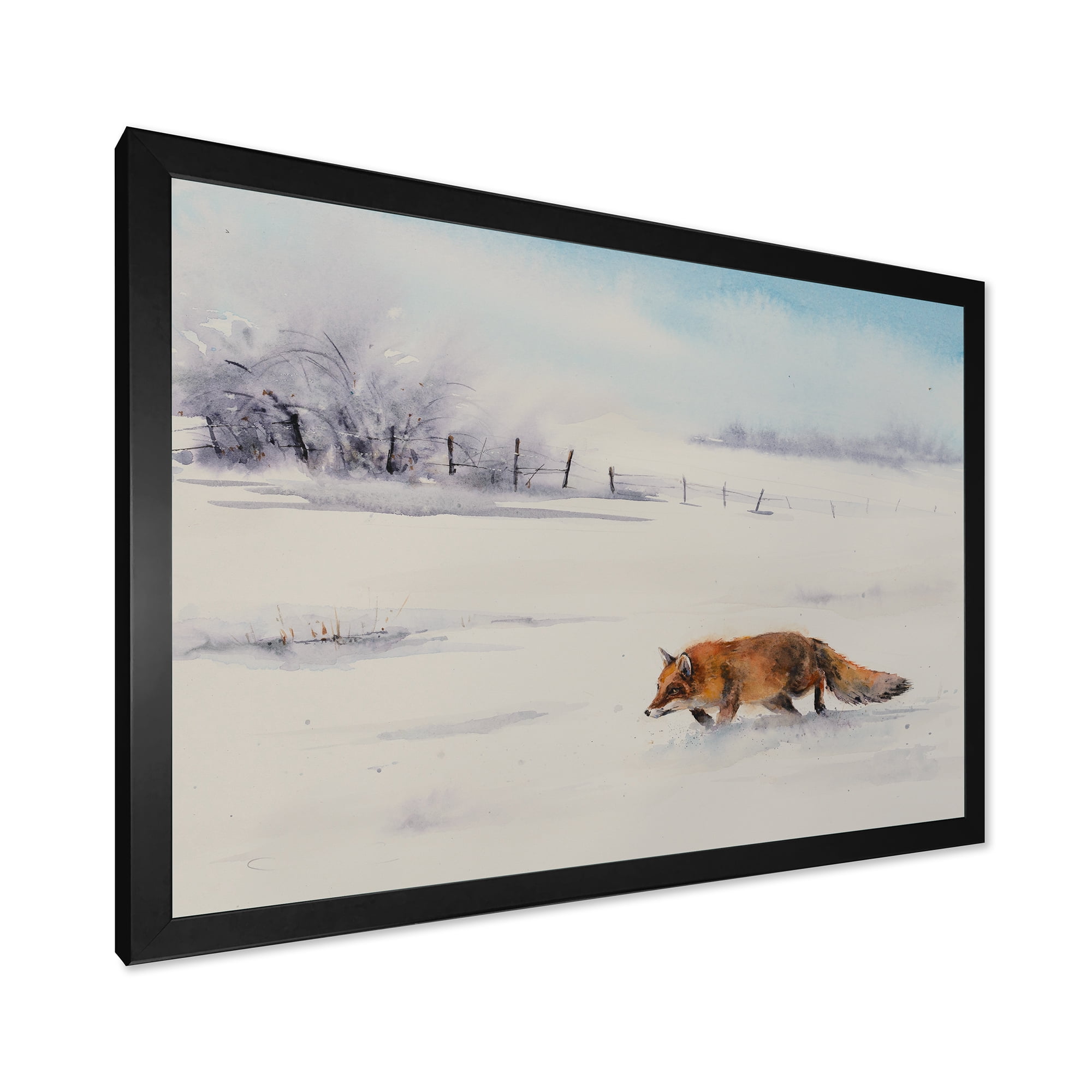 Designart 'Red Fox Running In White Snow in Countryside I' Farmhouse Framed Art Print