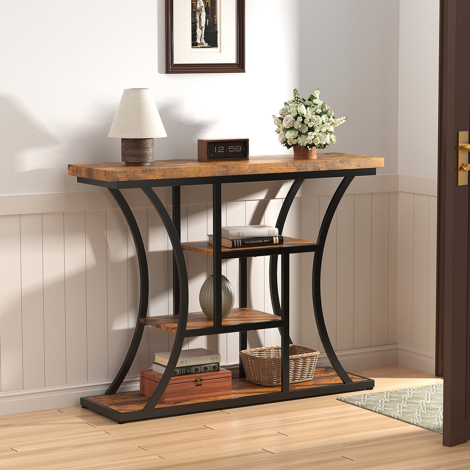 Vingud Console Table with Curved Frames and 3 Open Shelves, Entryway Table for Hallway Entrance Living Room, Rustic Brown + Black 41 inches