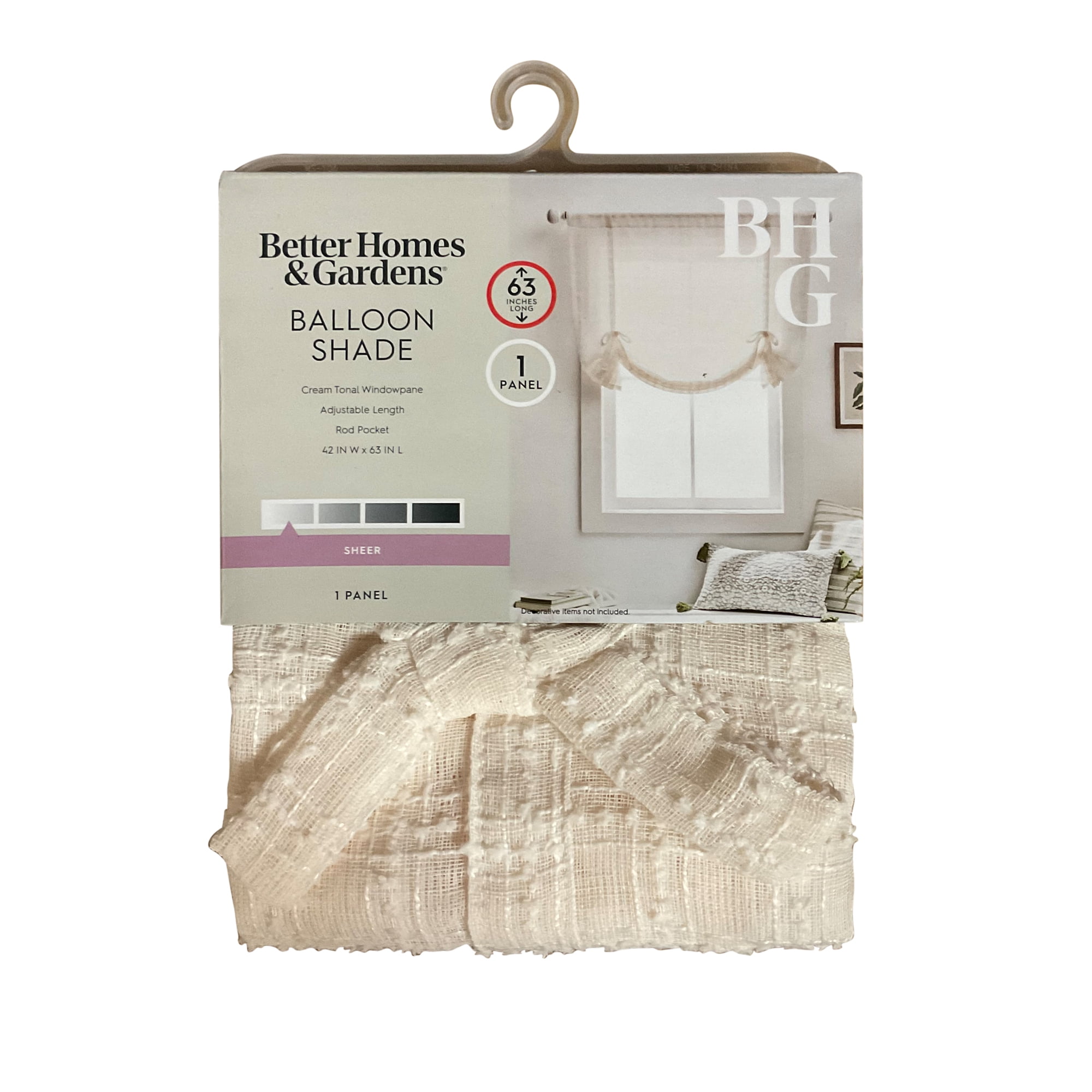 Better Homes & Gardens Tonal Windowpane Balloon Shade, Vanilla Dream, Polyester, Recycled Poly, 42"W x 63"L, 1 Piece, Indoor Curtain, Adult