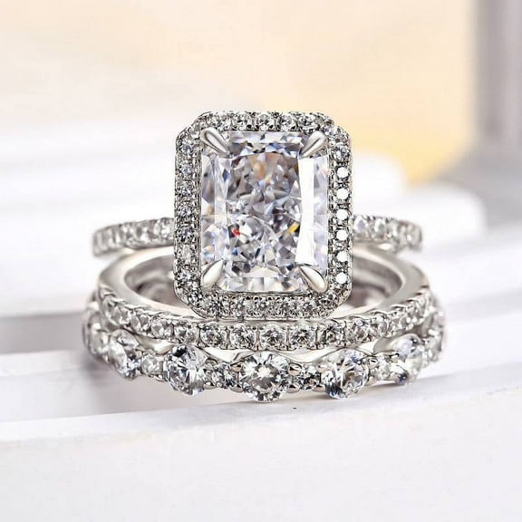Veda Jewel Engagement Trio Ring Set - 1.9 Ct Radiant Cut Lab Created Diamond Halo Ring - 14K White Gold Plated Ring for Women - Wedding Jewelry for Brides - Romantic Gift