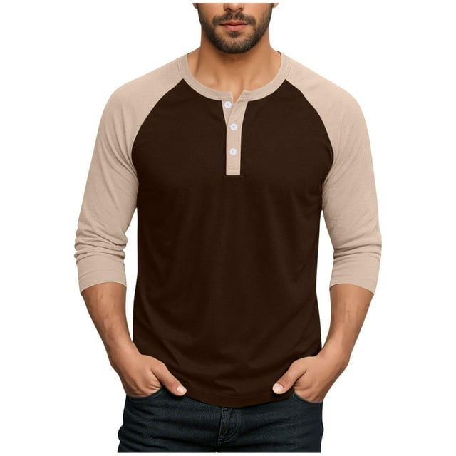 fatyb Men's Button T-Shirts Long Sleeve Color Block Tee Shirts Lightweight Casual Pullover Tops for Men