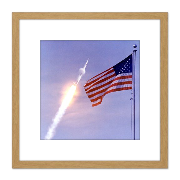 Space NASA Apollo 11 Saturn V Rocket Launch Flag Photo 8X8 Inch Square Wooden Framed Wall Art Print Picture with Mount