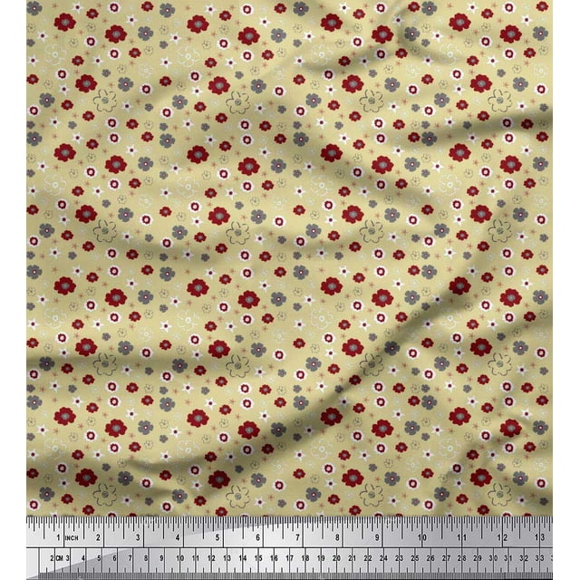 Soimoi Beige Poly Georgette Fabric Flower Artistic Print Fabric by the Yard 42 Inch Wide