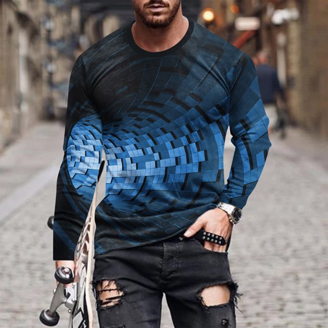 Blusas y camisas de manga larga con cuello redondo para hombre, blusa informal de manga larga con cuello redondo y estampado de rayas, blusa de poliéster para hombre