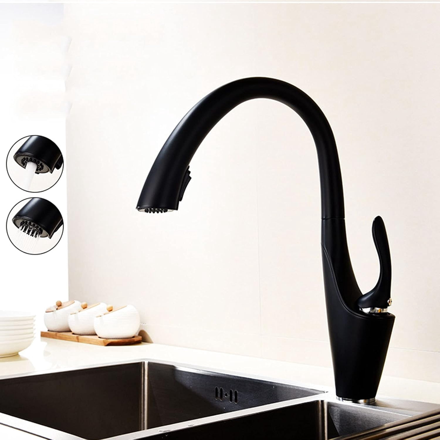 Kitchen Sink Solid Brass Hidden Pull-Out Kitchen Faucet with Dual-Function Sprayer, Swivel Single Handle Hot and Cold Water Kitchen Mixer Tap,Black