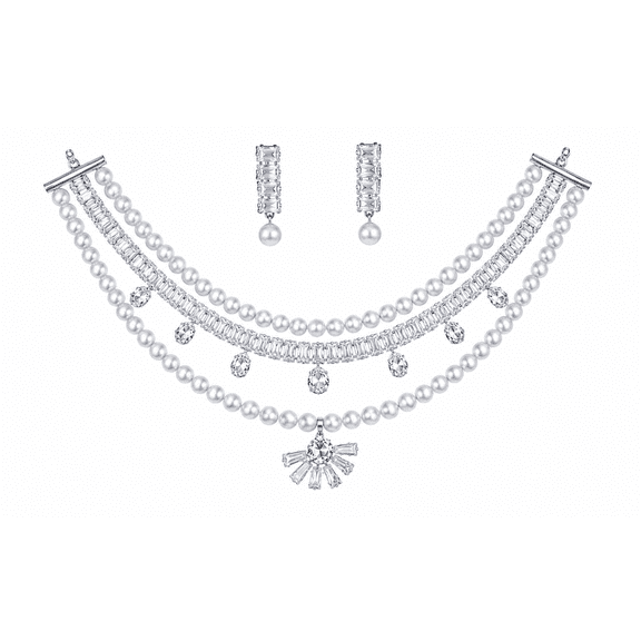 AlKhalil - Luxury Layered Pearl and Crystal Necklace and Earrings Set – Elegant Silver-Tone Bridal Jewelry with Sparkling Teardrop and Baguette Gem Accents