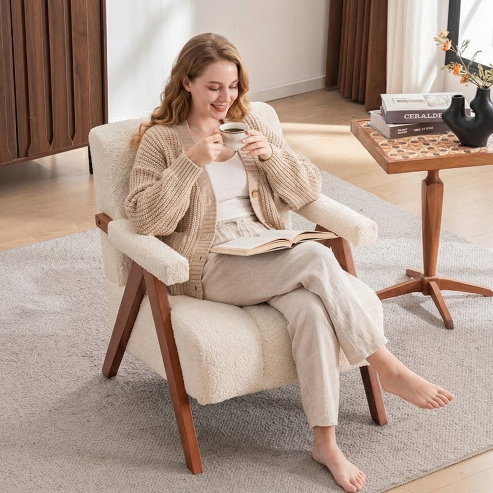 Mid-Century Modern Accent Chair Cloud-Shaped Chenille Lounge Armchair with Solid Oak Wood Frame, Upholstered Reading Chair for Living Room Bedroom Balcony, Beige