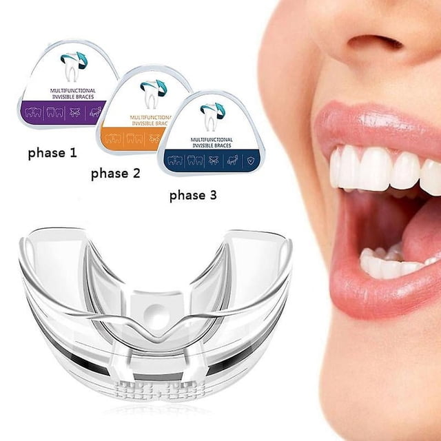 ro corrector de dientes de ortodoncia dental de 3 fases, corrector de dientes, myobrace sincero electrónica — set de 3 piezas transparentes de TPU (Fase I D1, Fase II D2, Fase III D3) con férula inferior transparente en primer plano y tres estuches marcados phase 1/2/3; para uso adulto para corregir apiñamiento leve, mejorar la respuesta ortodóntica y alinear dientes según instrucciones; suele usarse también para entrenar hábitos bucales.