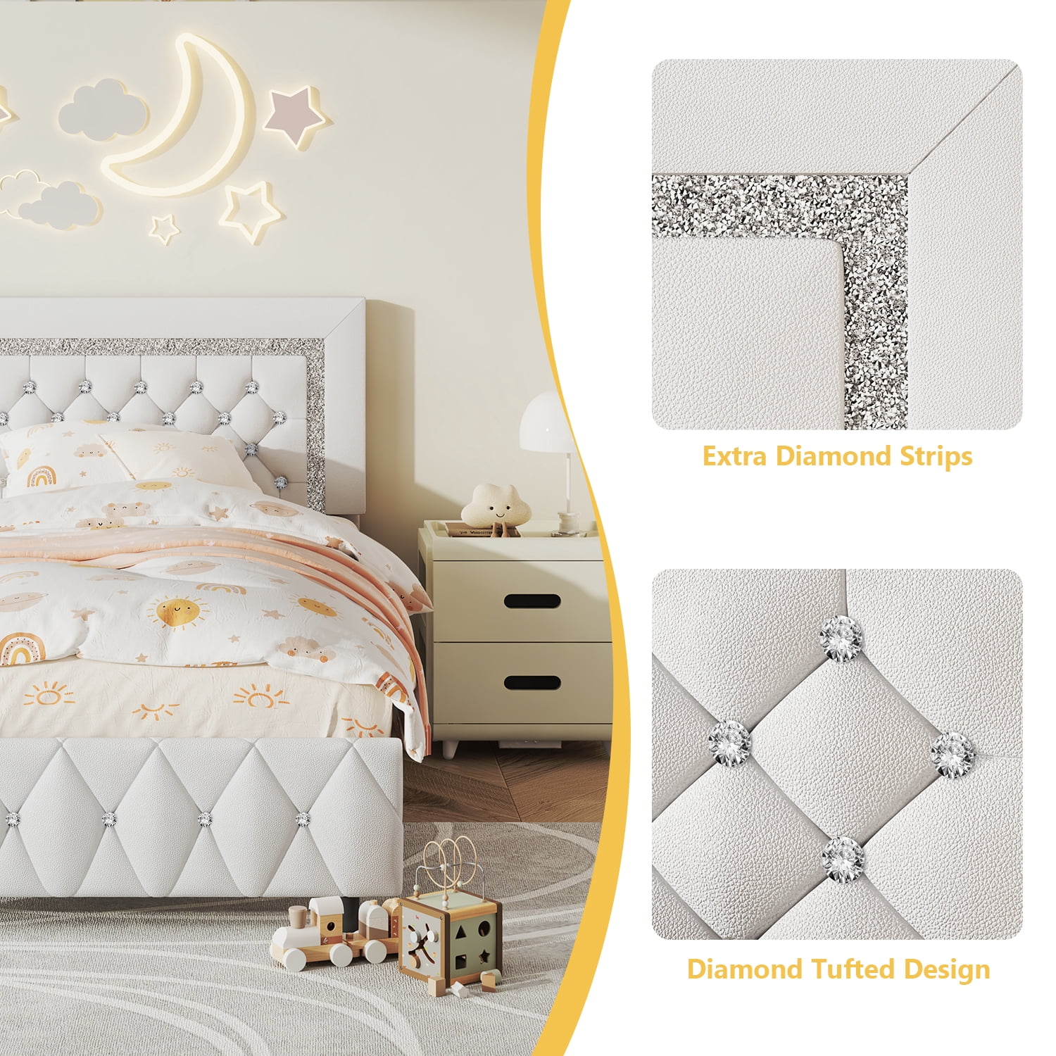 4 EVER WINNER Queen Bed Frame, Upholstered Platform Bed Frame with Headboard and Footboard, Diamond Headboard and Footboard Design, White