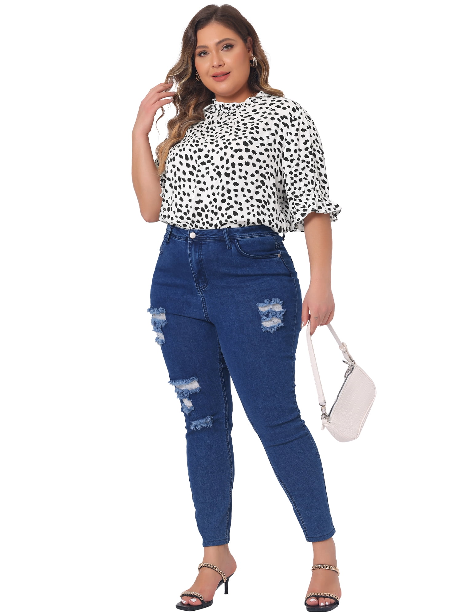DARING DIVA Women's Plus Polka Dots Print Ruffle Hem Mock Neck Blouse 2X White