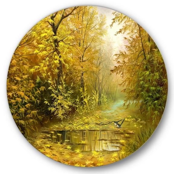 Designart 'Rain Water On Road In Yellow Woodlands' Country Circle Metal Wall Art 36x36 - Disc of 36