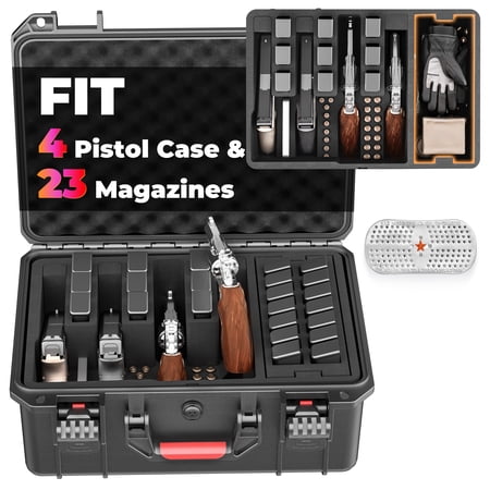 Kinghardcase Lockable Hard Handgun Case for 4 Pistols up to 10 in 23 Magazine Slots Pre-Cut Foam Dual Padlock Points Black
