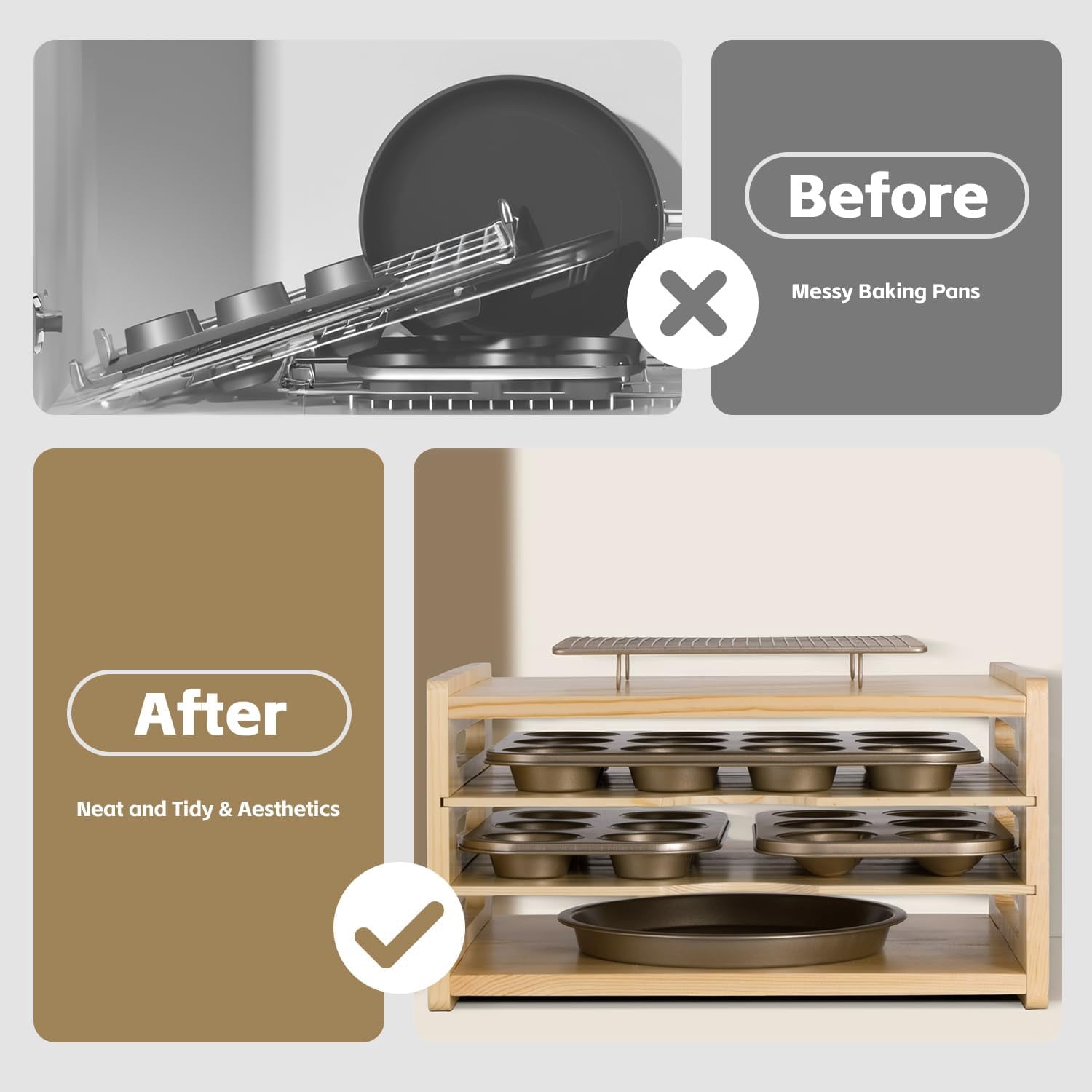 4 Tier Wooden Cabinet Tray Dividers for Baking Trays, Pans & Cutting Boards - 16.61" Wx12.4 Dx8.94 H Vertical Cookie Sheet Organizer, Spoon Rest, Utensil Holder, Kitchen for Pots Pans Storage