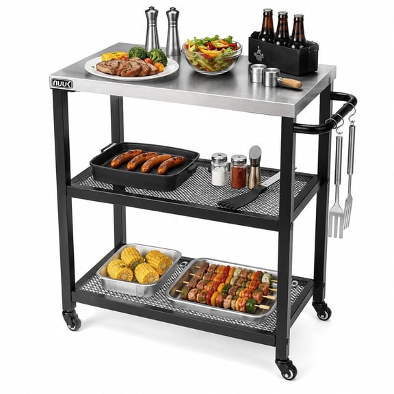 NUUK Rolling Outdoor Grill Cart with Wheels,Dining Table with Hook, Stainless Steel Food Prep Table Stand for Patio BBQ and Deck Parties