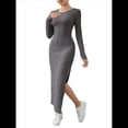thumbnail image 3 of Vestidos Largos de Otoño para Mujer, de Larga, Informales, de Punto Acanalado, Ajustados, Elegantes, con Cuello Redondo y Abertura Lateral Gris Oscuro M, 3 of 8