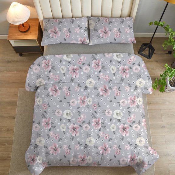 Marivelra 2 Pieces Pink and Grey Floral Comforter Set Twin Size, Kids Watercolor Botanical Bedding Sets with Cute Flowers Printing for Teen Girls