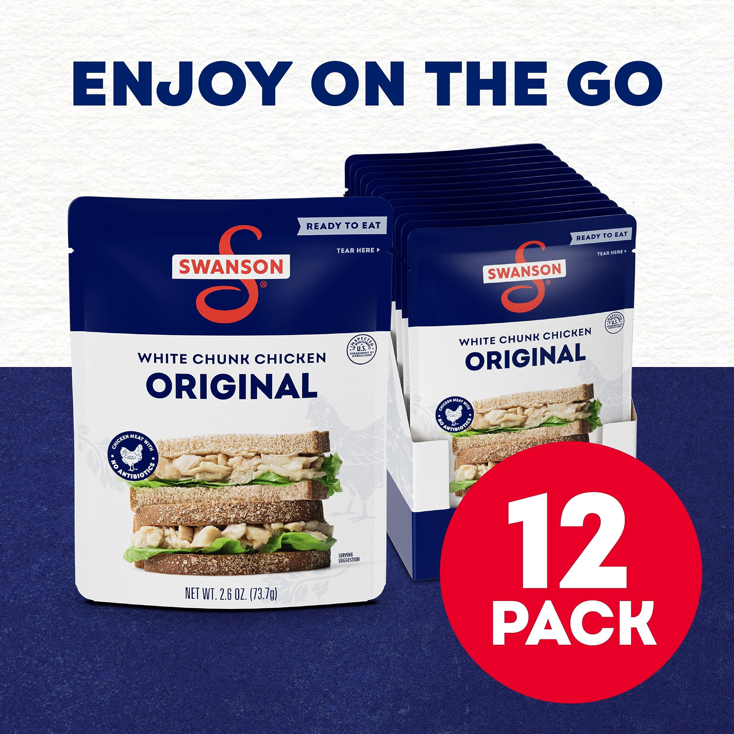 Swanson Original White Chunk Fully Cooked Chicken, Ready To Eat, Simple On-The-Go Meals, 2.6 Oz Pouch (Case Of 12)
