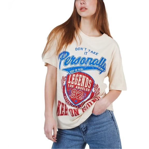 Ambar Women's Don'T Take It Personally Printed Short Sleeve Tshirt, Stone Blue Red,M - US