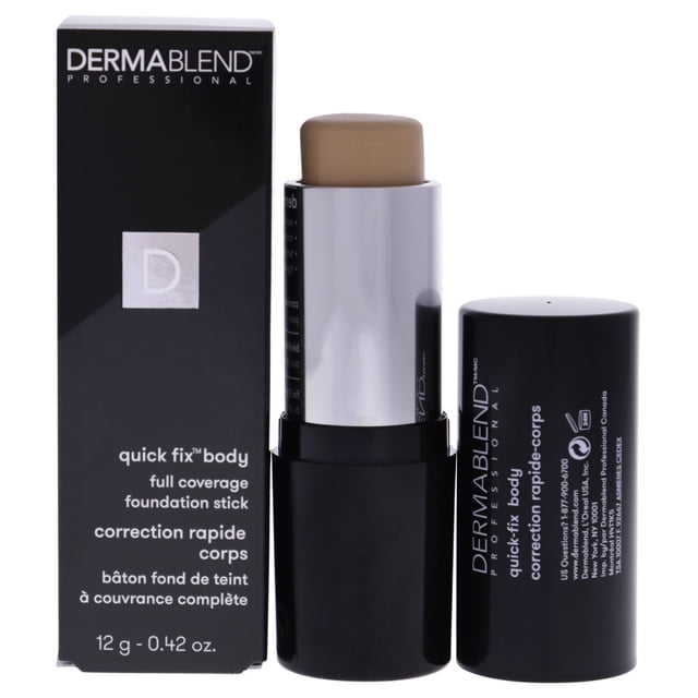 base de maquillaje corporal dermablend quick fix crema 20w 0.42 oz stick cremoso en envase negro con tapa y caja negra; vista frontal de la barra levantada mostrando el tono 20W, cobertura total para cuerpo, textura que se mezcla para contornear y hasta 16 horas de color resistente cuando se fija con polvo.