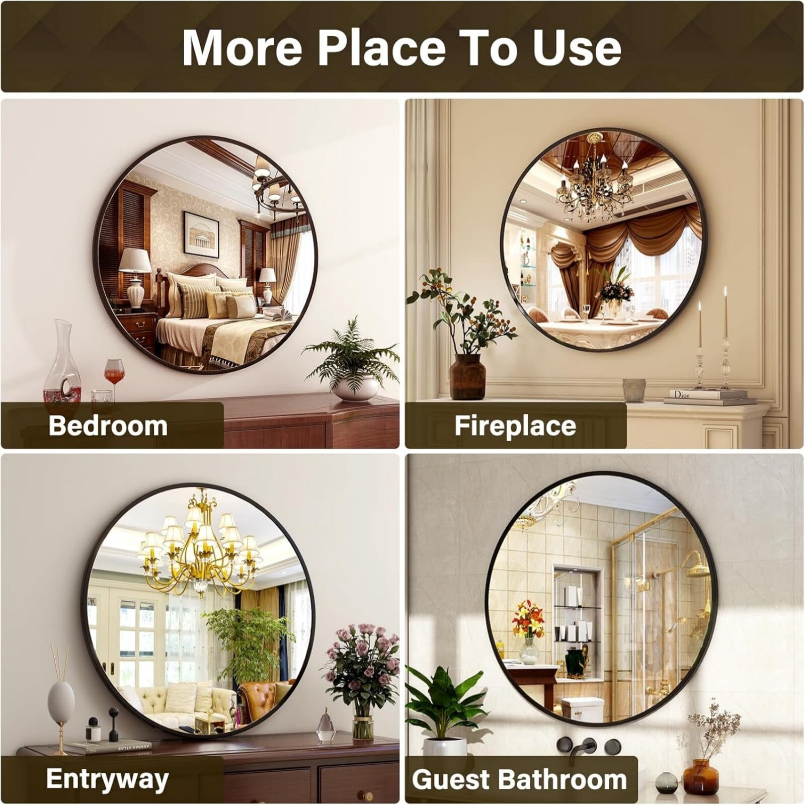 AUROMIR 24" Round Bathroom Mirror Wall Mounted Modern Vanity Mirror, Black
