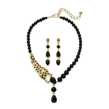 - Genuine Black Onyx and Crystal 2-Piece Beaded Leopard Necklace and Drop Earrings Set (.30 TCW) in Gold Tone 18