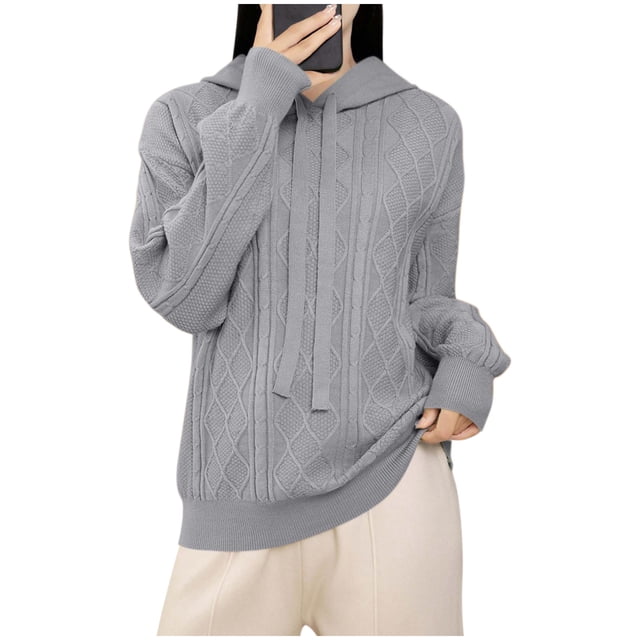 ShomPort Casual Sweaters for Womens Drawstring Long Sleeve Hooded Textured Tops Lightweight Going Out Solid Color Cozy Soft Blouses