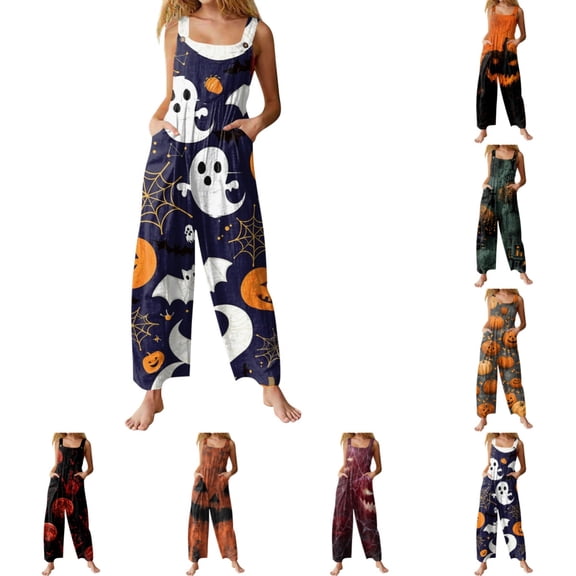 HAJWOH Womens Halloween Jumpsuits Trendy Sleeveless Overalls Loose Fit Casual Comfy Novelty Funny Graphics Holiday Outfit