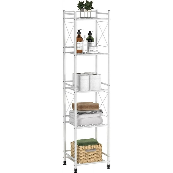 5 Tier Shelving Unit, Freestanding Bathroom Storage Shelves, Metal Heavy Duty Storage Rack Shelf for Small Space Kitchen Balcony Office, Silver Gray