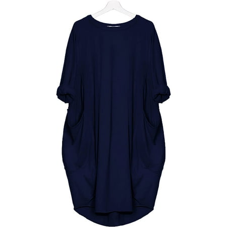 

PIKADINGNIS Womens Solid Color Loose Crewneck Basic Dress Summer Casual Mid-Length Long Sleeve Dresses for Women with Pockets