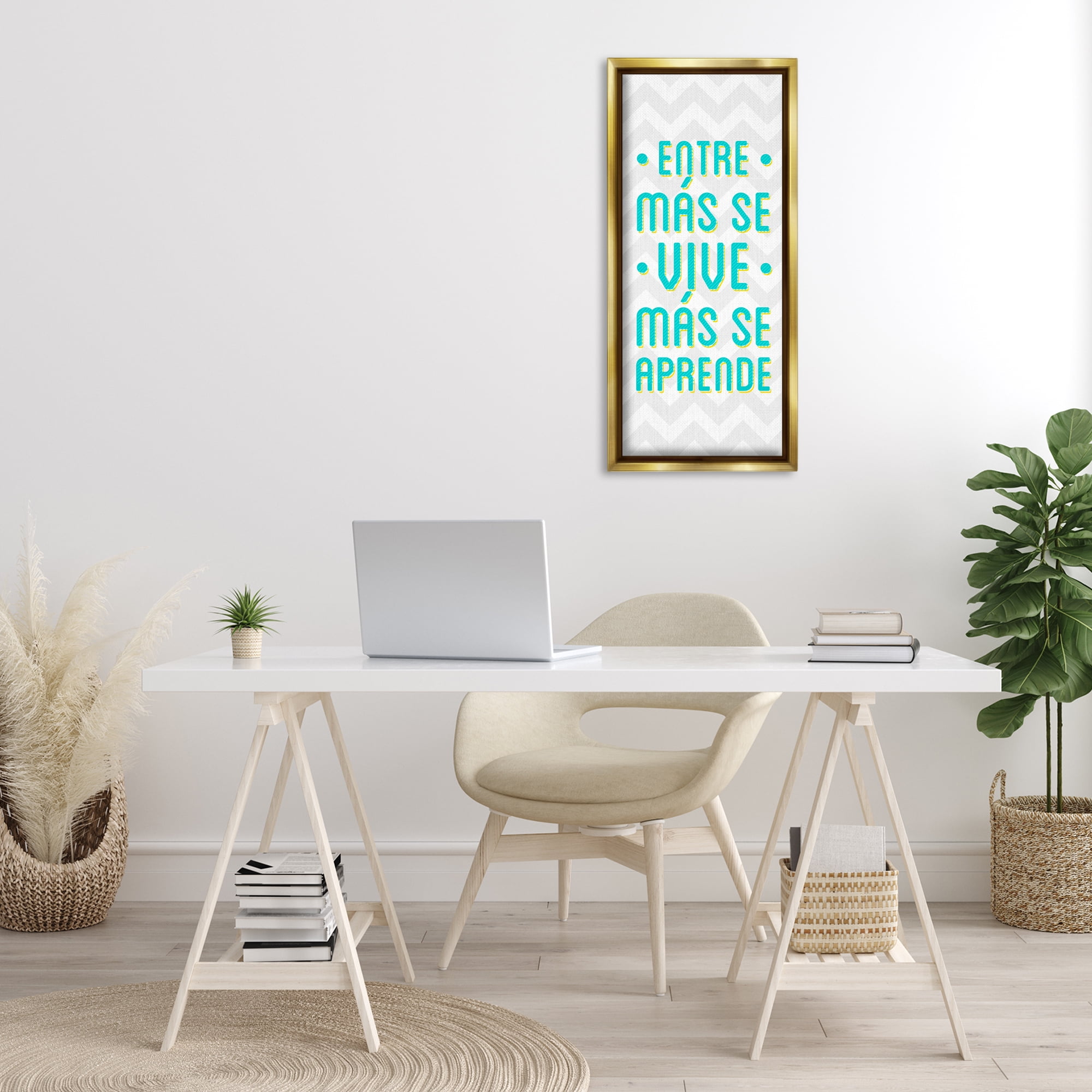 Stupell Industries Se Vive Se Aprende Inspirational Quotes & Sayings Painting Gold Floater Framed Art Print Wall Art, 14 x 31