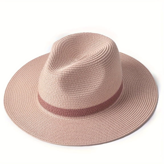 OOOUM Straw Cowboy Hat Breathable Wide Brim Panama Sun Hat Adjustable Summer Beach Vacation Hat Light Pink