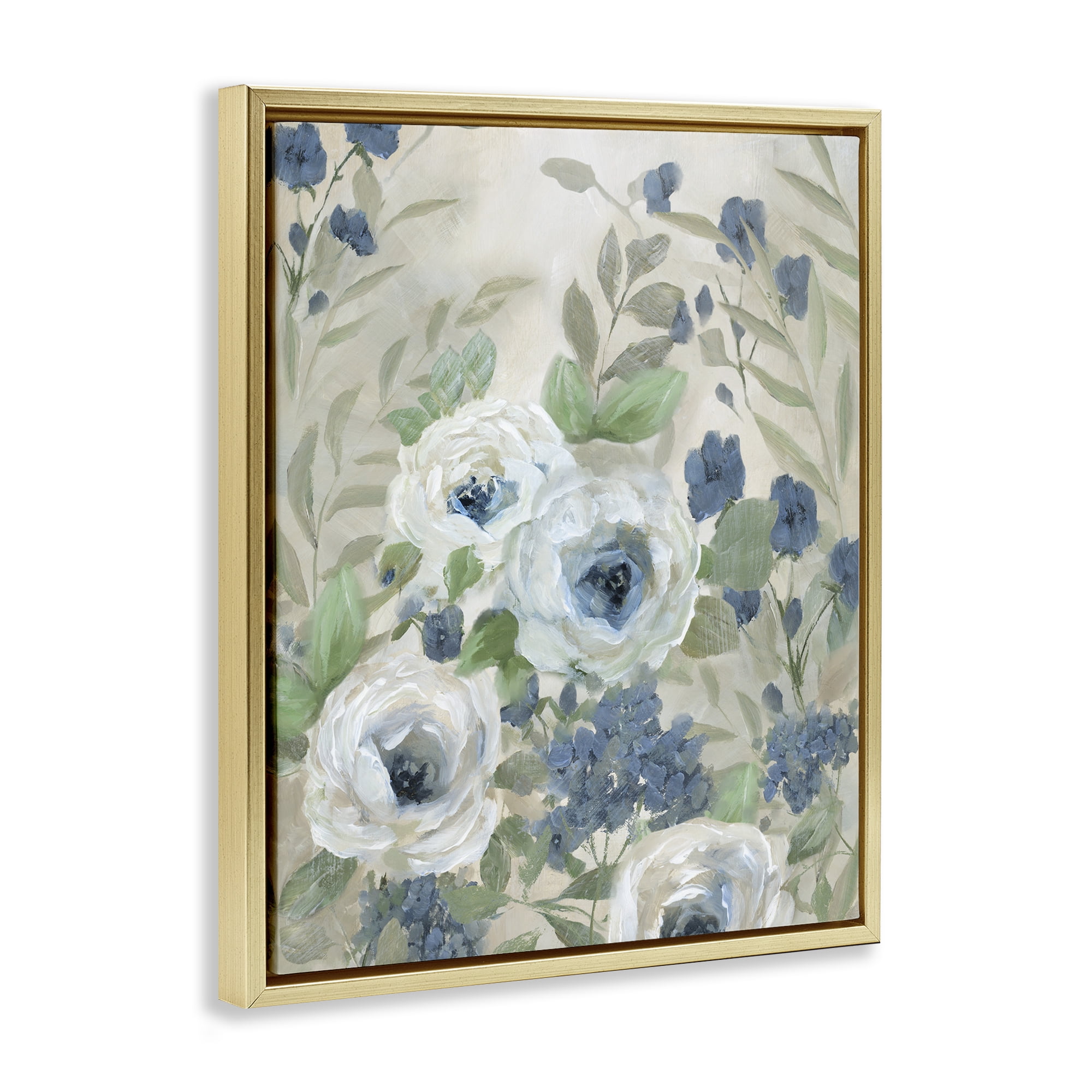 Stupell Industries Muted Blue & White Blossoms Floral Painting Gold Floater Framed Canvas Art Print Wall Art, 17 x 21