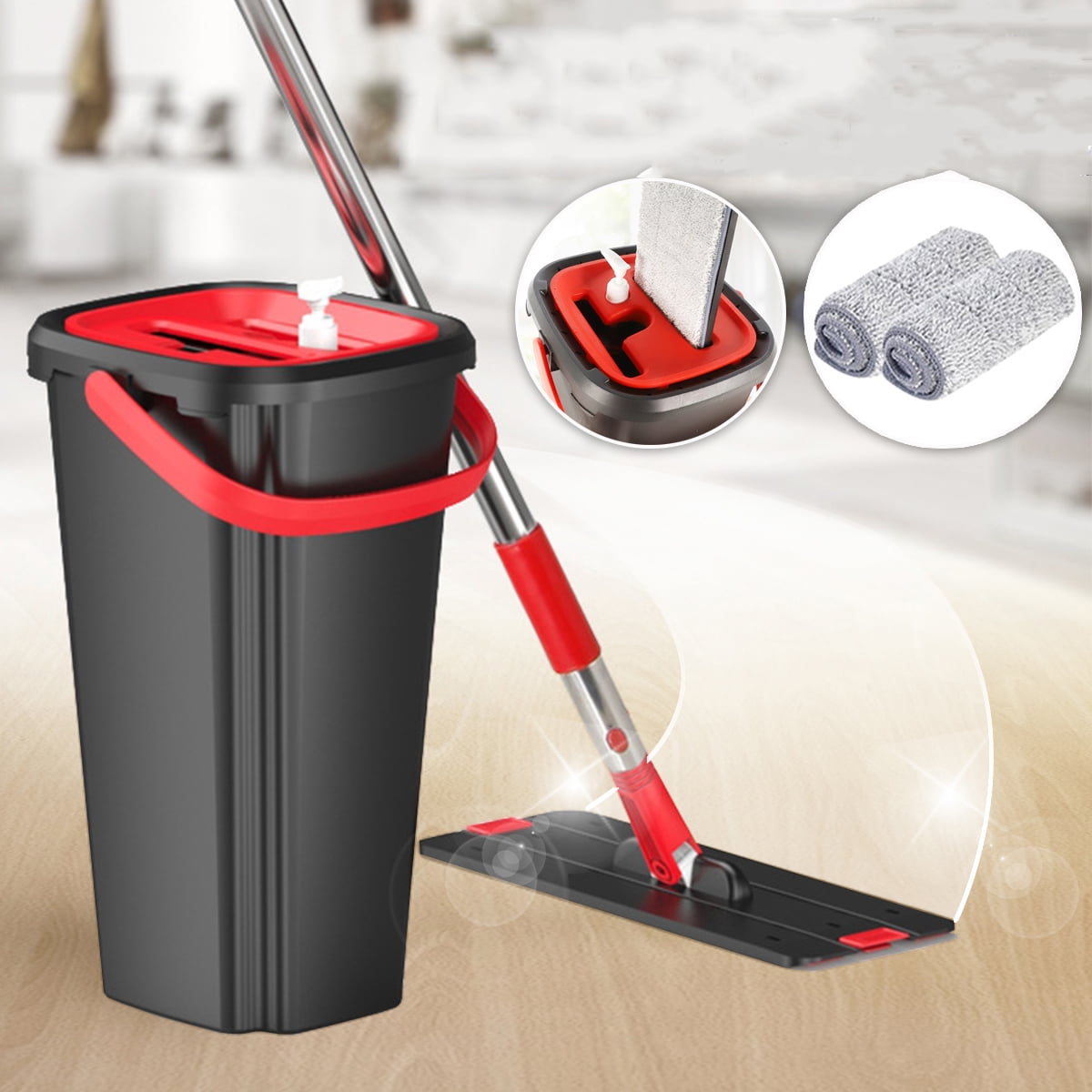 Flat Floor Mop and Bucket Set, Self Cleaning Drying Wringing Mop Bucket
