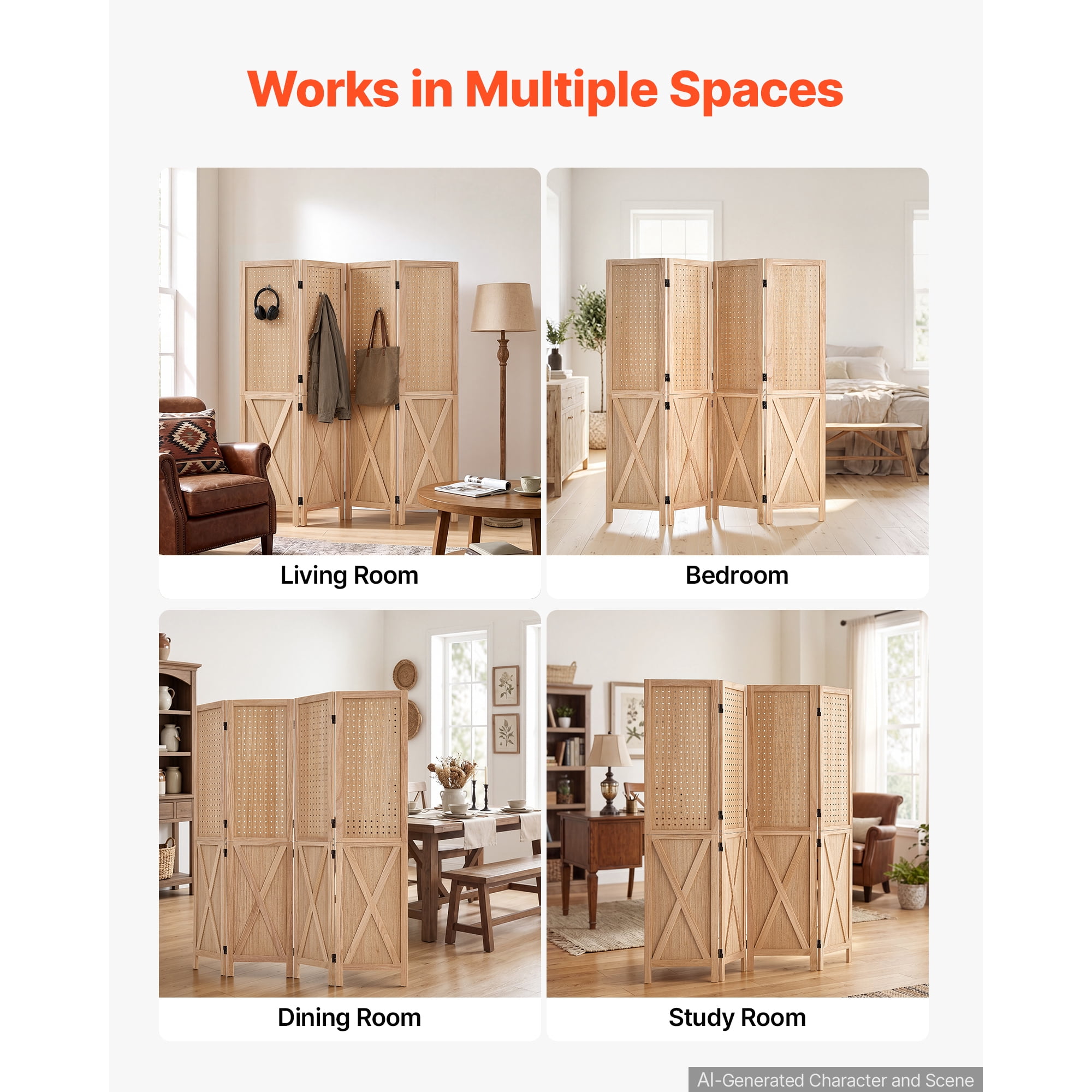 KFFKFF Wood Room Divider with 4 Panels, 59.8" Pegboard Folding Privacy Screen for Home Decor and Room Separation, Solid Frame with X Design, 360° Two-Way Hinges, Rustic Wooden Partition with Hardware