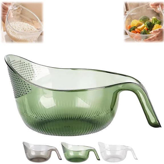 Rice Washer Strainer Bowl with Handle and Fine Drain Holes for Grains and Produce, Green