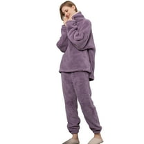 Defitshape Women's Fuzzy Fleece Pajama Set 2 Piece Fluffy Pjs Long Sleeve Shirt Pants Set Ladies Cute Winter Fall Warm Thermal Loose Baggy Plush Lounge Set Loungewear Purple Small
