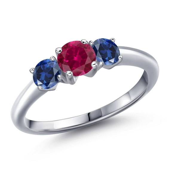 Gem Stone King 925 Sterling Silver Red Created Ruby and Blue Created Sapphire Engagement Ring for Women | 1.10 Cttw | Round 5MM | Gemstone July Birthstone | Size 8
